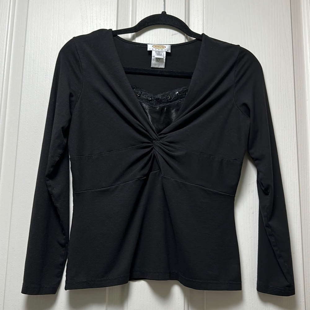 TALBOTS Faux Camisole Under Knotted Spandex Shirt Black Sz SP